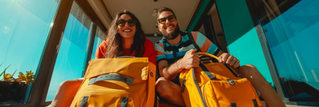 Happy couple packing their bags and suitcases for a summer vacation, ready for adventure and relaxation.の素材