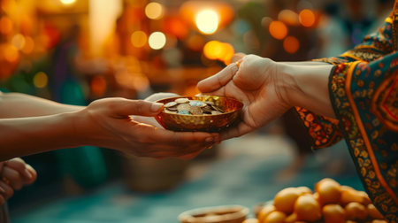 person giving zakat (charitable donation) to the needy during Ramadan, symbolizing the spirit of generosity.の素材
