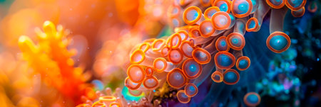 Macro shot of a colorful coral reef, capturing the vibrant hues and intricate structures of the underwater ecosystem.の素材