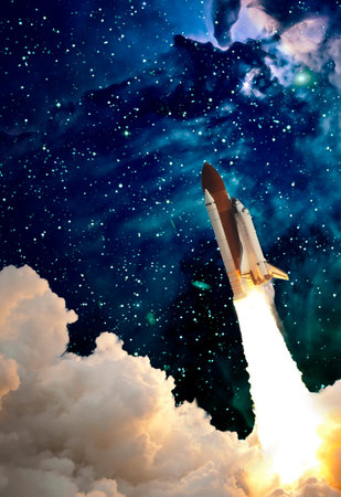 Dark space shuttle launch in the clouds with stars on background.Spaceship flight.