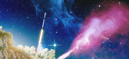rockets launch into space on the starry sky. spacecraft flies into space with clouds of smoke.の写真素材