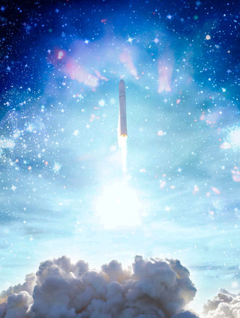 rockets launch into space on the starry sky. spacecraft flies into space with clouds of smoke.の写真素材