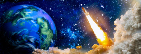 rockets launch into space on the starry sky. spacecraft flies into space with clouds of smoke.の写真素材