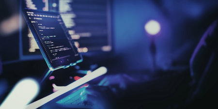 Programming code abstract screen of software developer. Working atmosphere of a programmer at homeの写真素材