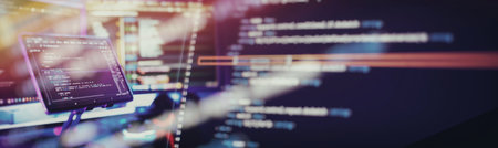 Working atmosphere of a programmer at home, background. Programming code abstract