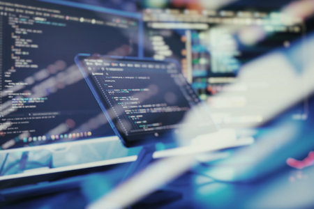 Work from home. Programmer coding code on notebook screen at