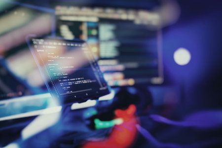 Working atmosphere of a programmer at home, background. Programming code abstractの写真素材