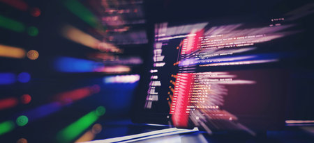 Monitor closeup of function source code. Abstract IT technology background.