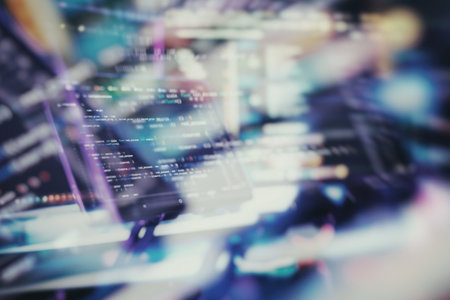 Working atmosphere of a programmer at home, background. Programming code abstractの写真素材