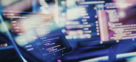 Running computer data programming. Coding script text on screen. Notebook closeup