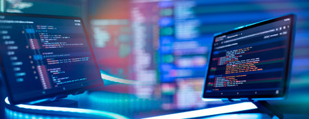 Running computer data programming. Coding script text on screen. Notebook closeup