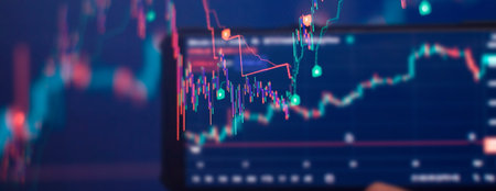 Business statistics and Analytics value. Abstract glowing forex chart interface background. Investment, trade, stock, finance and analysis concept.の写真素材
