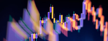 Business statistics and Analytics value. Abstract glowing forex chart interface background. Investment, trade, stock, finance and analysis concept.の写真素材