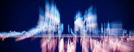 Charts of financial instruments with various type of indicators including volume analysis for professional technical analysis on the monitor of a computer.の写真素材