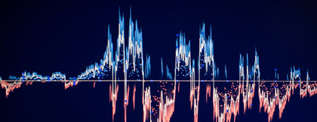 Charts of financial instruments with various type of indicators including volume analysis for professional technical analysis on the monitor of a computer.の写真素材