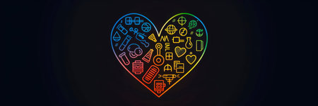 A series of icons representing different subjects (math, science, art, etc.) arranged to create a heart shape. Generative AIの素材