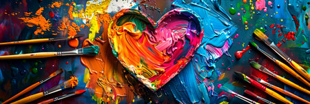 Art teacher inspiring creativity, with paintbrushes, palettes, and colorful splashes forming a heart. Generative AIの素材