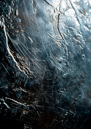 Brushed silver metallic surface with subtle scratches and imperfections, reflecting soft light against a dark gray background. Generative AIの素材