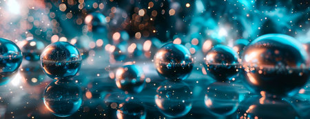 Chrome spheres floating in a zero-gravity environment with a starry sky in the background. Emphasize reflections and metallic sheen. Generative AIの素材