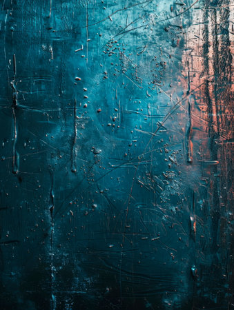 weathered steel surface with scratches, rust, and oil stains, reflecting a neon blue light. Gritty and textured.Generative AIの素材