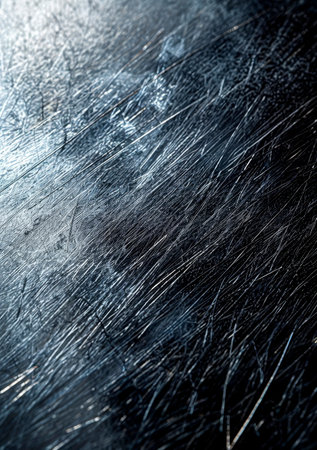 Brushed silver metallic surface with subtle scratches and imperfections, reflecting soft light against a dark gray background. Generative AIの素材