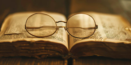A pair of old glasses on a book, calming atmosphere. Generative AIの素材