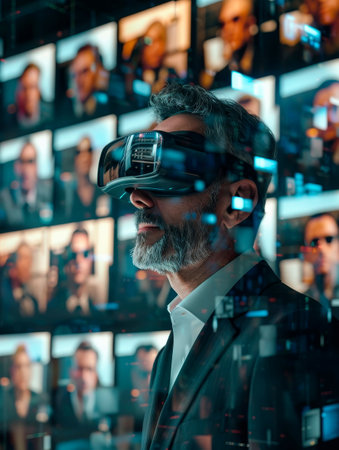 Businessman wearing VR goggles, interacting with a 3D virtual conference room, with avatars of colleagues. Generative AIの素材