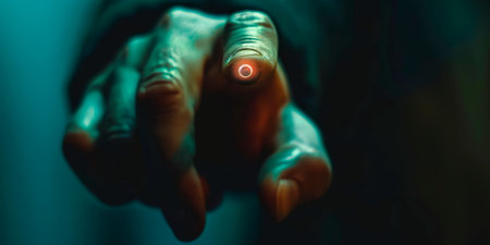 Finger on the Button: A person with their finger on a button, symbolizing making a decision. Generative AIの素材