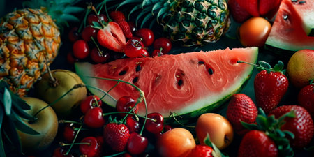 A collection of summer fruits like watermelon, strawberries, cherries, and pineapples. Generative AIの素材