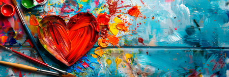 Art teacher inspiring creativity, with paintbrushes, palettes, and colorful splashes forming a heart. Generative AIの素材