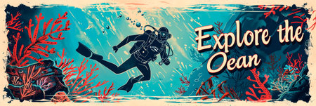 Retro-style poster with a scuba diver and Explore the Ocean. Generative AIの素材