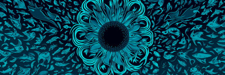 silhouettes of ocean animals arranged in a mandala pattern, intricate details, World Oceans Day. Generative AIの素材