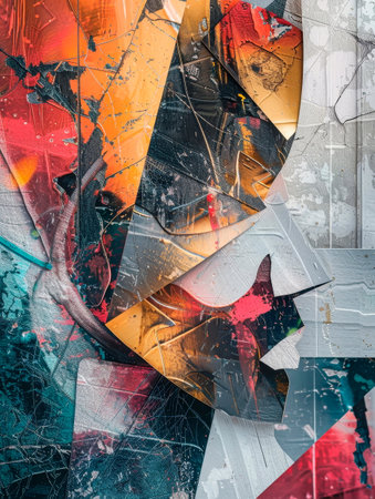 Abstract collage with metallic foil pieces, various textures, contrasting colors. Generative AIの素材