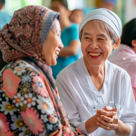 Cultural diversity in care. care work and caring across cultures, emphasizing the universal language of compassion. Generative AIの素材