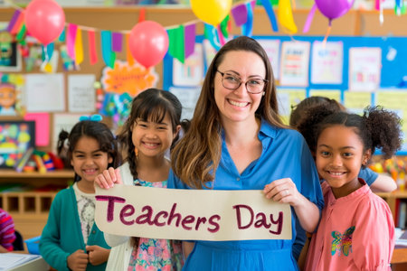 smiling teacher with a diverse group of students holding a banner that reads Happy Teachers Day. Generative AIの素材