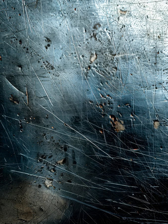 Brushed silver metallic surface with subtle scratches and imperfections, reflecting soft light against a dark gray background. Generative AIの素材