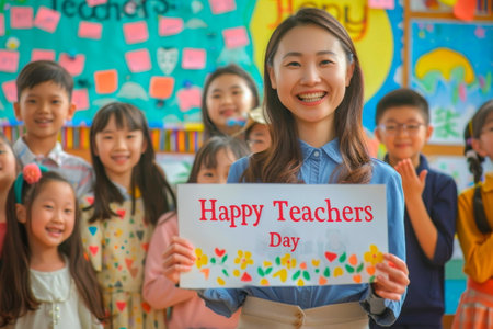 smiling teacher with a diverse group of students holding a banner that reads Happy Teachers Day. Generative AIの素材