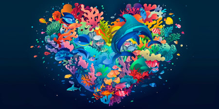 diverse marine life forming the shape of a heart, vibrant colors, World Oceans Day. Generative AIの素材
