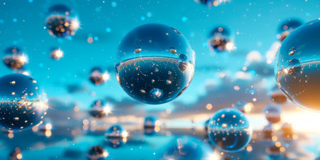 Chrome spheres floating in a zero-gravity environment with a starry sky in the background. Emphasize reflections and metallic sheen. Generative AIの素材