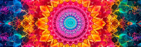 psychedelic geometric mandala, intricate repeating patterns, vivid rainbow palette, hypnotic background. Generative AIの素材