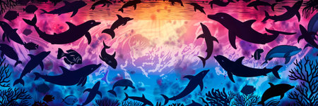 silhouettes of ocean animals arranged in a mandala pattern, intricate details, World Oceans Day. Generative AIの素材