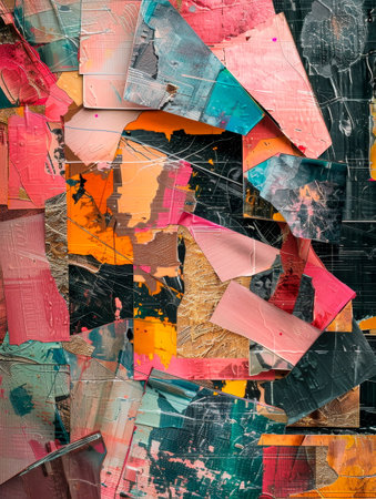 Abstract collage with metallic foil pieces, various textures, contrasting colors. Generative AIの素材