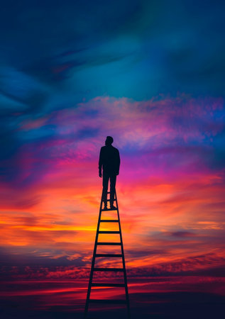 Ladders: A person climbing a ladder, representing growth and progress. Generative AIの素材