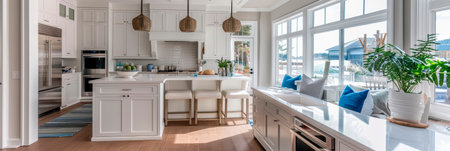 Bright and airy coastal kitchen with white cabinets and blue accents sunny day. Generative AIの素材