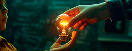The teacher guides the student's hand, a glowing light bulb symbolizing a spark of understanding. Generative AIの素材