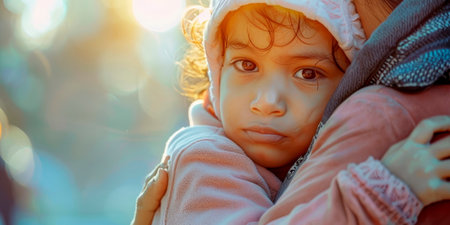 A social worker comforting a child, soothing colors, empathetic expression, oil painting style. Generative AIの素材