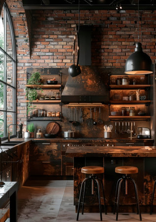 Industrial style kitchen with exposed brick and metal accents dim lighting. Generative AIの素材