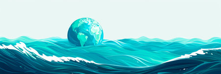 ocean waves and a globe, blue and green color palette. Generative AIの素材