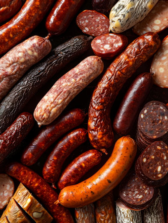 Assorted handcrafted sausages, rich in detail, fading into a smooth mustard-yellow gradient. Generative AIの素材