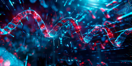 futuristic background with DNA double helix patterns, digital pixels and biotechnology icons, science fiction Generative AI.の素材